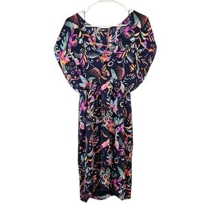 Sue Stemp Silk Colorful Printed Tropical Kimono Sleeve Tie In Back Dress